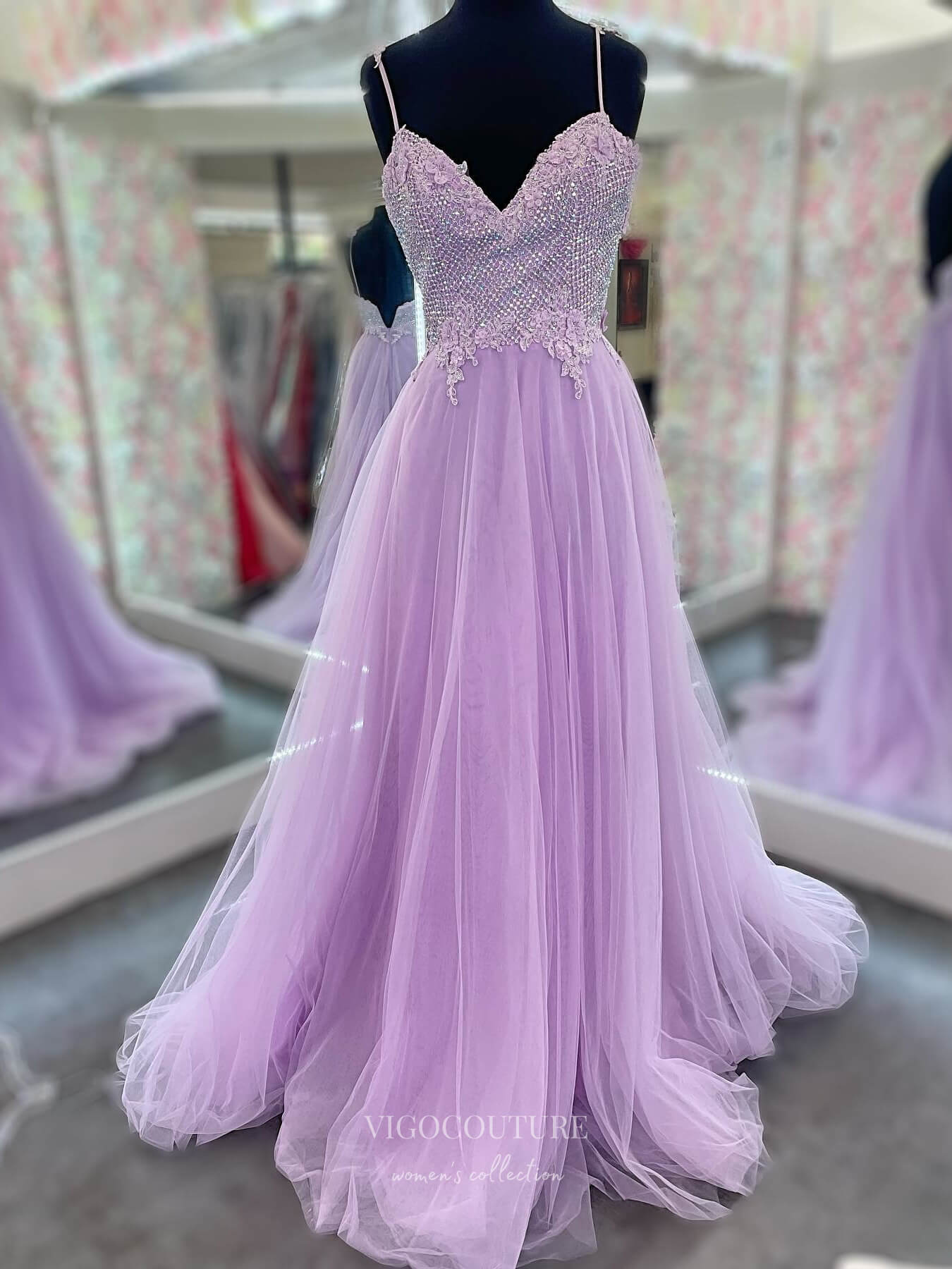 Prom Dress 2025 Lavender Beaded Lace Applique Cheap Prom Dresses Spaghetti Strap 24155-unique elegant Prom Dresses-Lavender-Custom Size-vigocouture