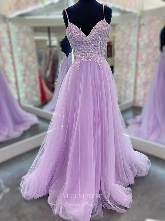 Prom Dress 2025 Lavender Beaded Lace Applique Cheap Prom Dresses Spaghetti Strap 24155-unique elegant Prom Dresses-Lavender-Custom Size-vigocouture