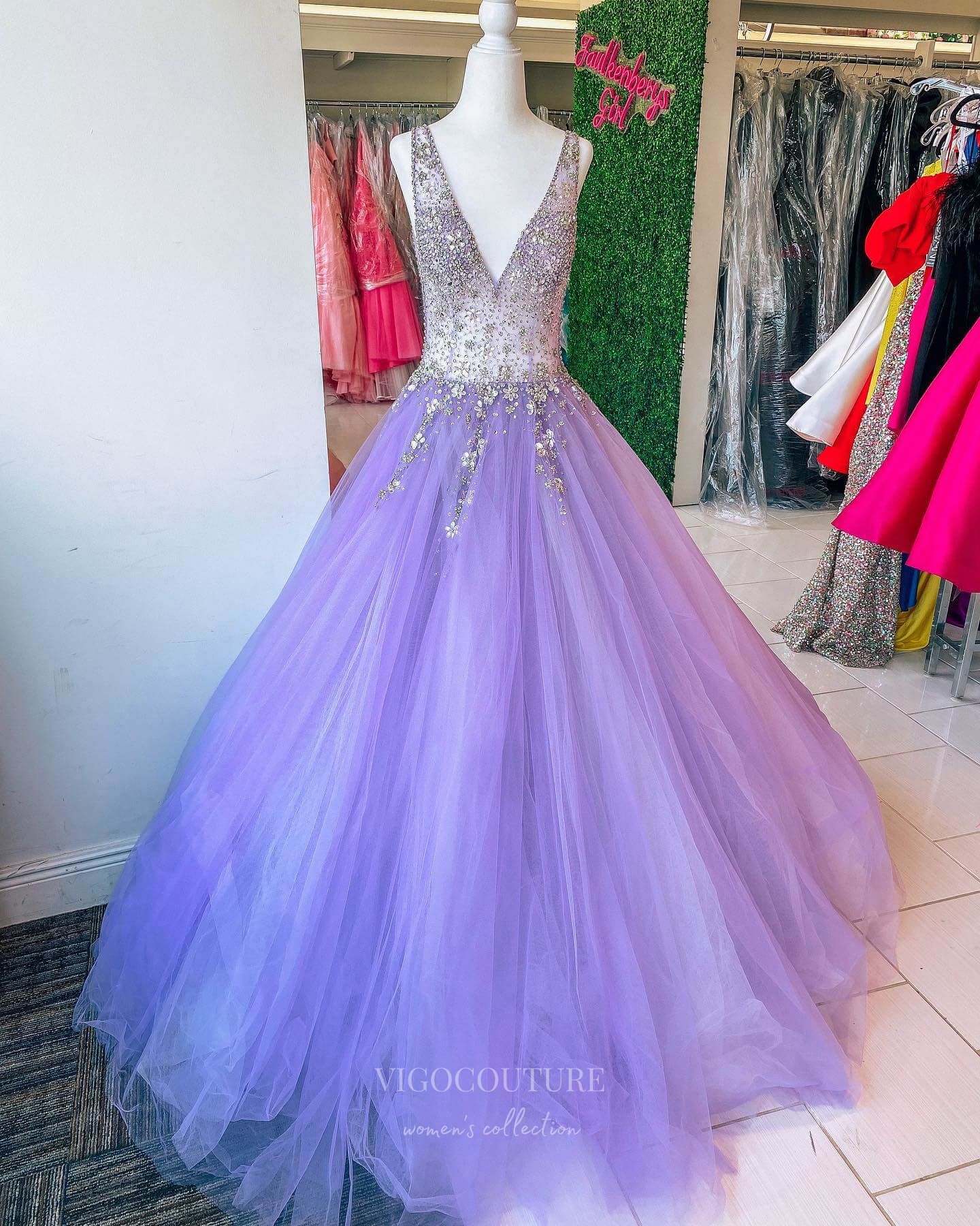 Lavender Beaded Sheer Cheap Prom Dresses V-Neck Tulle Formal Gown 2434 vigocouture Lavender Beaded Sheer Cheap Prom Dresses V-Neck Tulle Formal Gown 2434 vigocouture