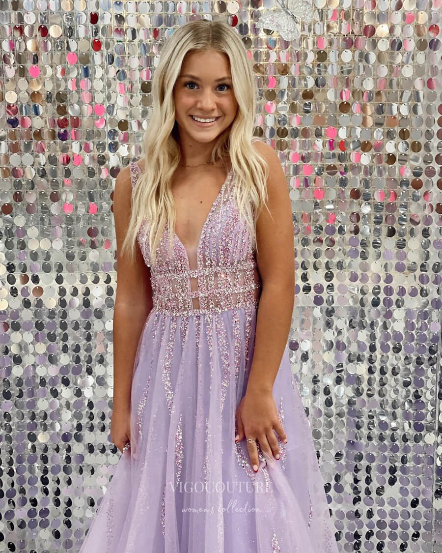 Prom Dress 2025 Lavender Beaded Sparkly Tulle Prom Dresses Sheer Bodice Plunging V-Neck 24196-unique elegant Prom Dresses-Lavender-Custom Size-vigocouture