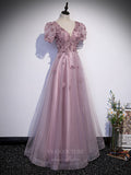 Prom Dress 2025 Lavender Beaded Tulle Floral Puffed Sleeve Prom Dress 20893-unique elegant Prom Dresses-Lavender-Custom Size-vigocouture