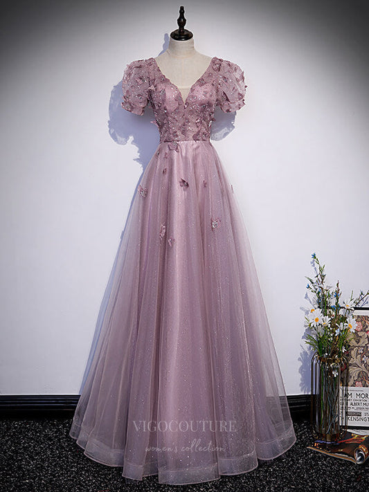 Prom Dress 2025 Lavender Beaded Tulle Floral Puffed Sleeve Prom Dress 20893-unique elegant Prom Dresses-Lavender-Custom Size-vigocouture