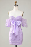 Lavender Bodycon Sweetheart Lace Applique Short Homecoming Dress with Puffed Sleeve hc358