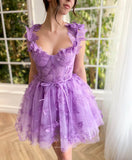 Short Prom Dresses 2025 Lavender Butterfly Lace Homecoming Dress Spaghetti Strap Short Prom Dress 24492-Prom Dresses-vigocouture-vigocouture