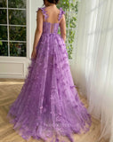 Prom Dress 2025 Lavender Butterfly Lace Prom Dresses with Pockets Spaghetti Strap Formal Gown with Slit 24490-unique elegant Prom Dresses-Lavender-Custom Size-vigocouture