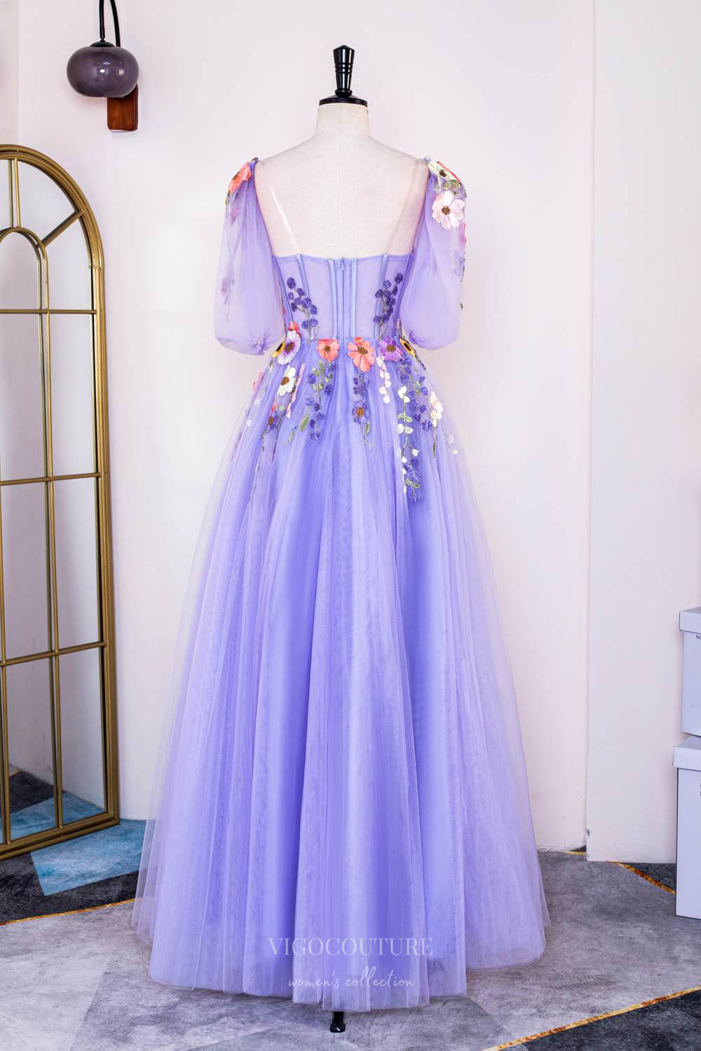 Prom Dress 2025 Lavender Floral Lace Applique Prom Dresses Half Sleeve Sheer Boned Bodice 24369-unique elegant Prom Dresses-Lavender-Custom Size-vigocouture