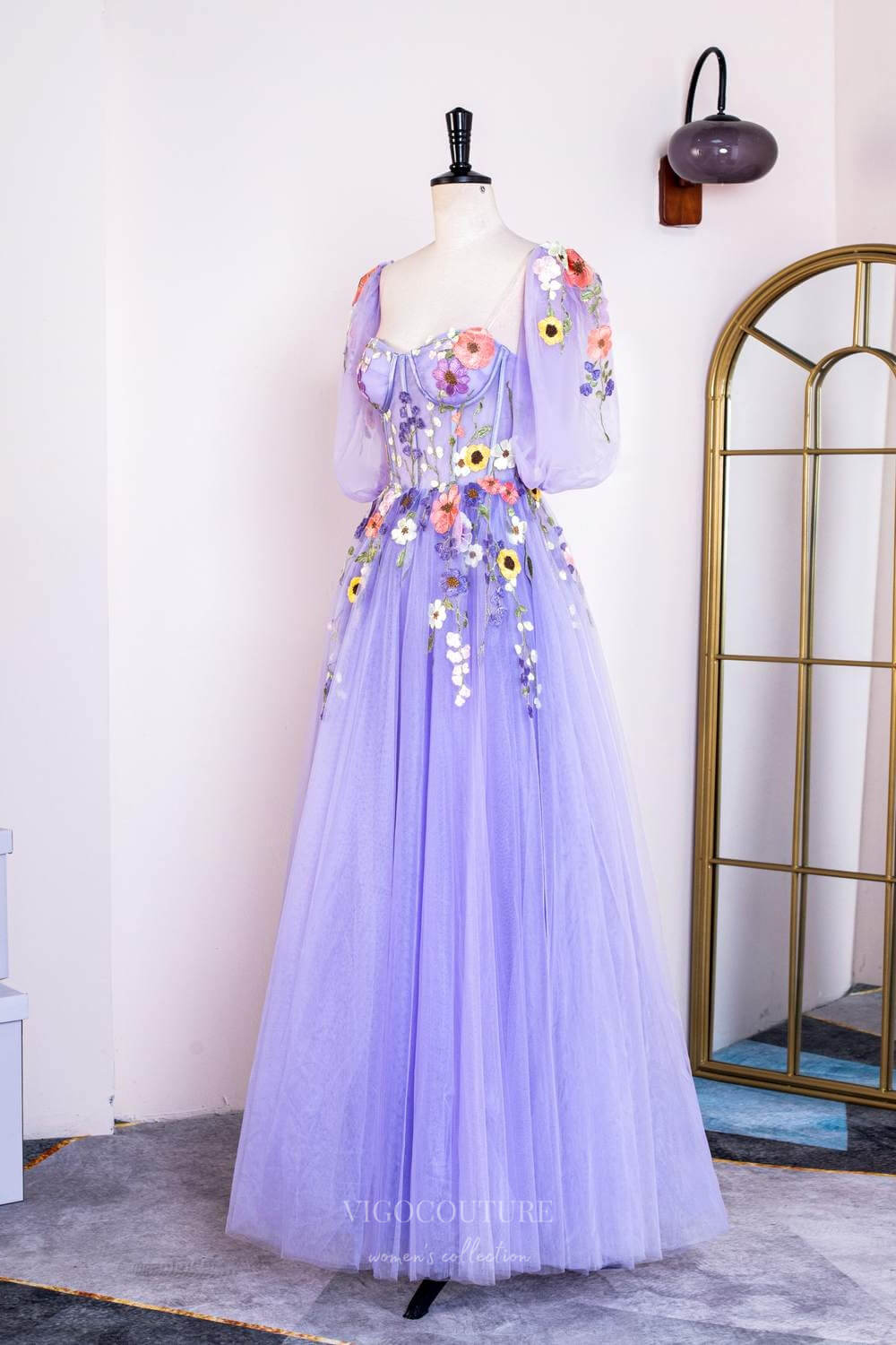 Prom Dress 2025 Lavender Floral Lace Applique Prom Dresses Half Sleeve Sheer Boned Bodice 24369-unique elegant Prom Dresses-Lavender-Custom Size-vigocouture