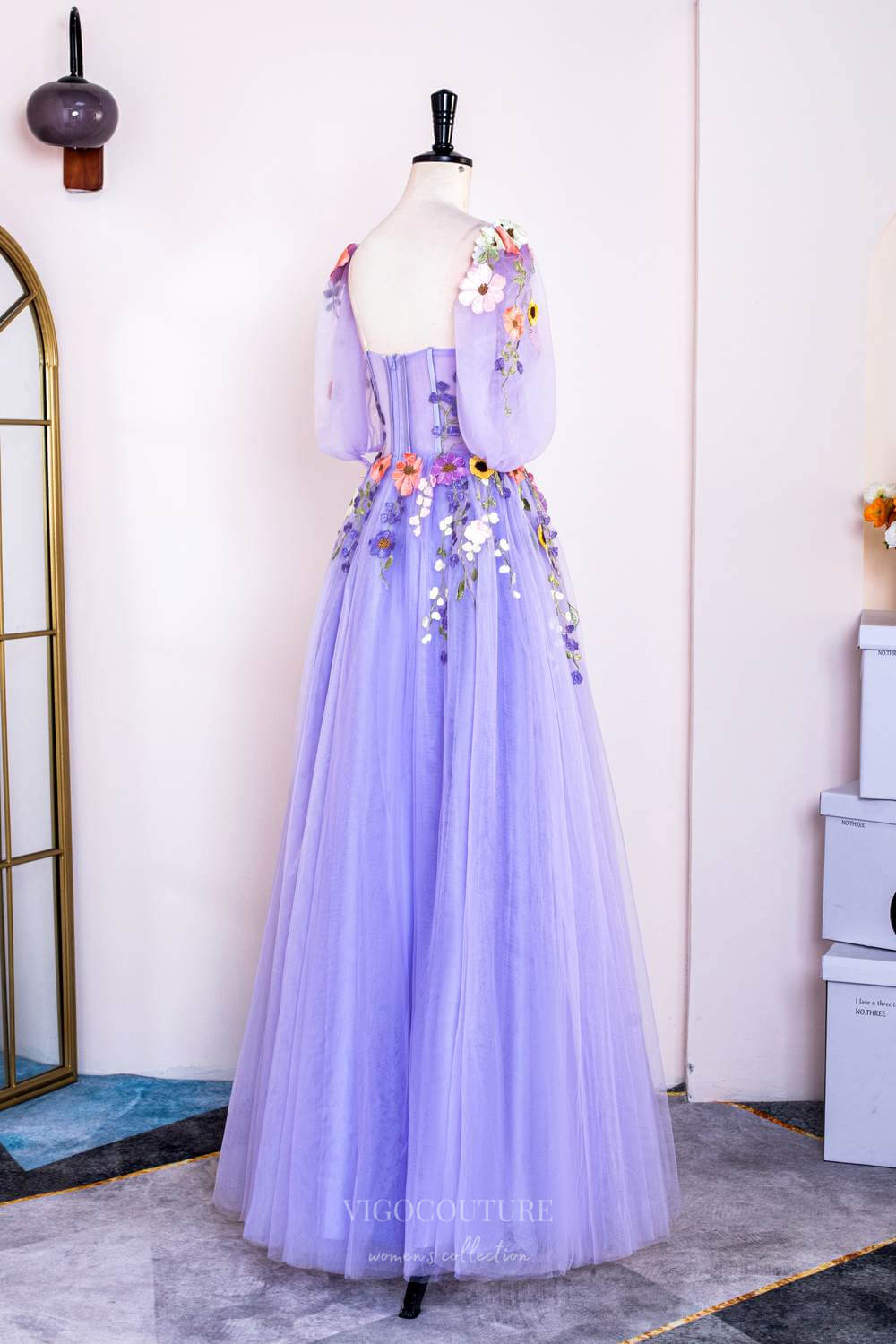 Prom Dress 2025 Lavender Floral Lace Applique Prom Dresses Half Sleeve Sheer Boned Bodice 24369-unique elegant Prom Dresses-Lavender-Custom Size-vigocouture