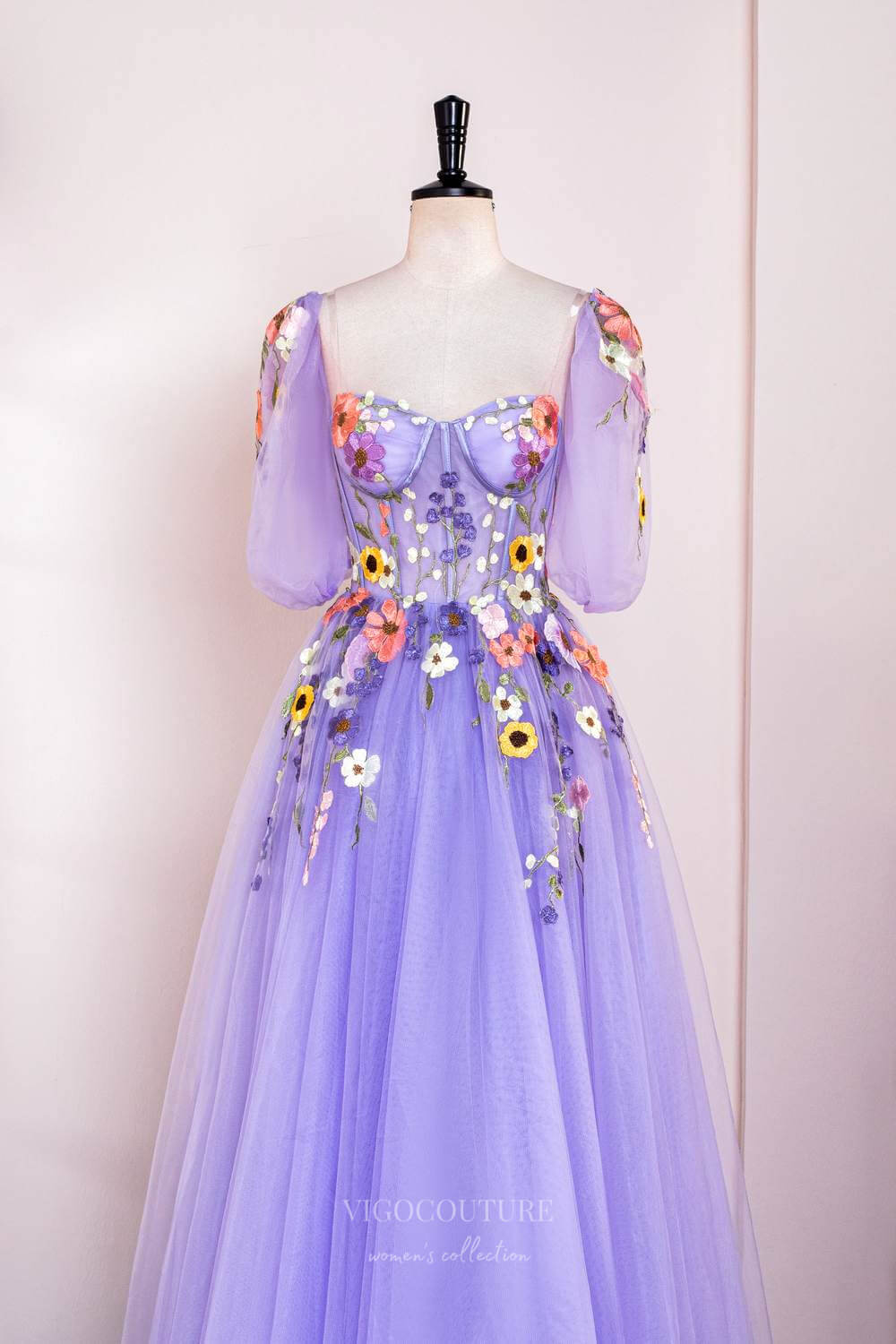 Prom Dress 2025 Lavender Floral Lace Applique Prom Dresses Half Sleeve Sheer Boned Bodice 24369-unique elegant Prom Dresses-Lavender-Custom Size-vigocouture