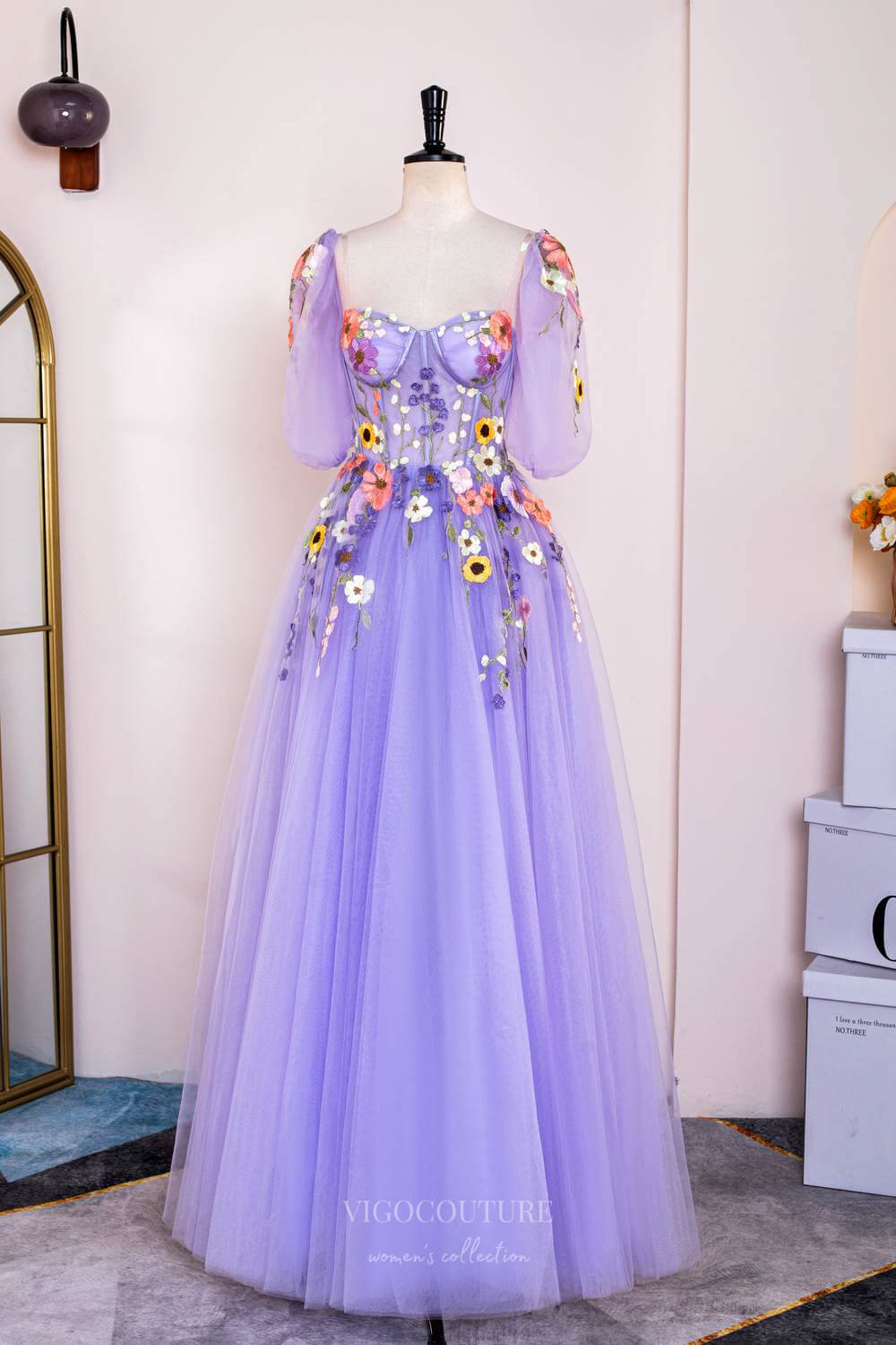 Prom Dress 2025 Lavender Floral Lace Applique Prom Dresses Half Sleeve Sheer Boned Bodice 24369-unique elegant Prom Dresses-Lavender-Custom Size-vigocouture