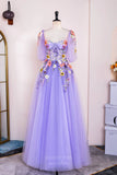 Prom Dress 2025 Lavender Floral Lace Applique Prom Dresses Half Sleeve Sheer Boned Bodice 24369-unique elegant Prom Dresses-Lavender-Custom Size-vigocouture