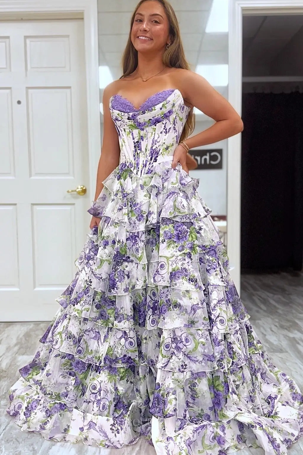 Lavender Floral Ruffle Prom Dress with Lace Sweetheart Neck  FP007   vigocouture