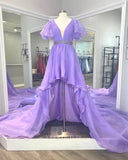 Lavender High-Low Prom Dresses Puffed Sleeve Plunging V-Neck Evening Dress 21803