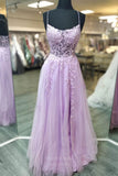 Prom Dress 2025 Lavender Lace Applique Cheap Prom Dresses with Slit Spaghetti Strap 24262-unique elegant Prom Dresses-Lavender-Custom Size-vigocouture