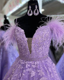 Prom Dress 2025 Lavender Lace Applique Feather Prom Dresses 2024 Plunging V-Neck Beaded Waist 24292-unique elegant Prom Dresses-Lavender-Custom Size-vigocouture