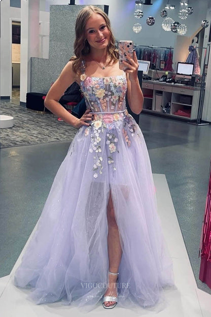purple floral prom dress Lavender Lace Applique Floral Prom Dresses Removable Overskirt Sheer Bodice 24364 Lavender / 18W