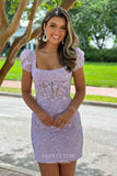 Lavender Lace Applique Homecoming Dresses Puffed Sleeve Bodycon Dress hc446