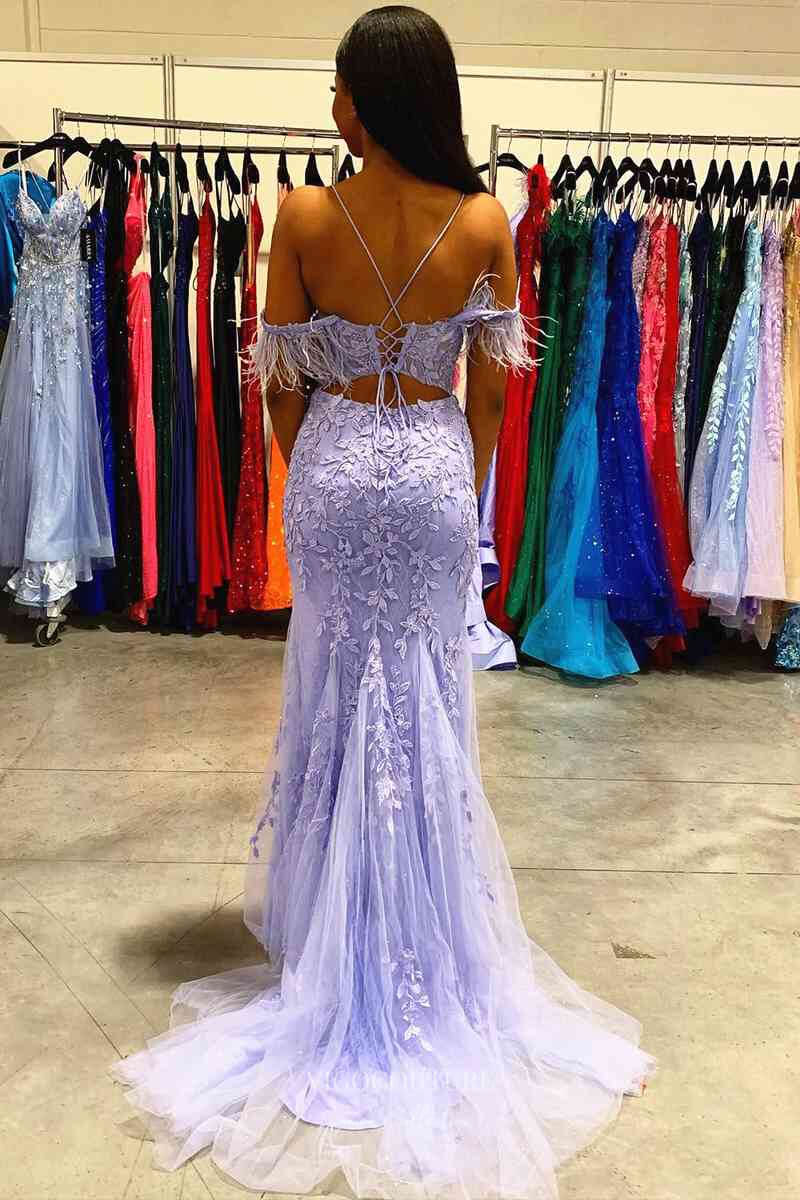 Prom Dress 2025 Lavender Lace Applique Mermaid Prom Dresses 2024 Feathers Spaghetti Strap 24240-unique elegant Prom Dresses-Lavender-Custom Size-vigocouture