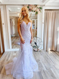 Prom Dress 2025 Lavender Lace Applique Mermaid Prom Dresses Spaghetti Strap V-Neck 24064-unique elegant Prom Dresses-Lavender-Custom Size-vigocouture