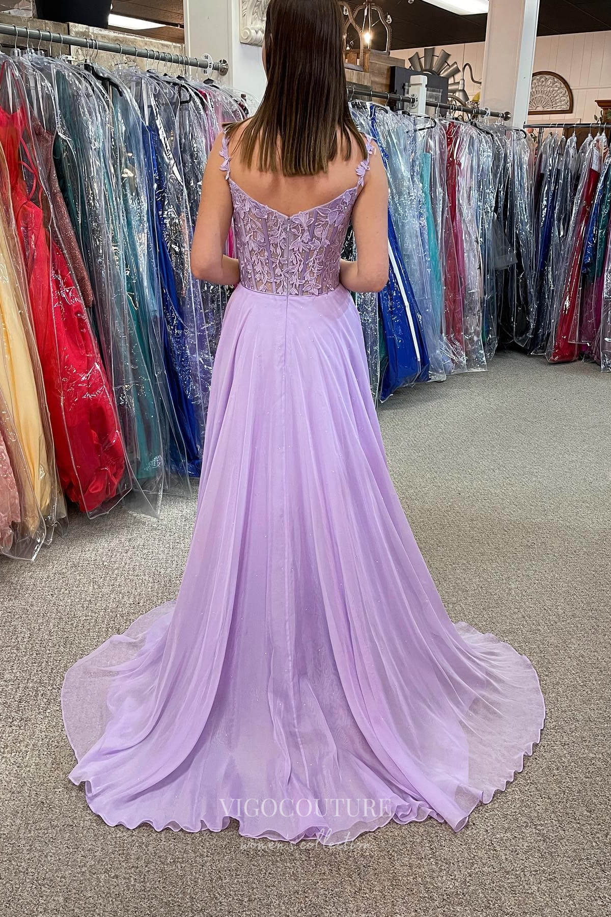 Prom Dress 2025 Lavender Lace Applique Plunging V-Neck Prom Dresses Spaghetti Strap Chiffon Evening Dress 22171-unique elegant Prom Dresses-Lavender-US2-vigocouture