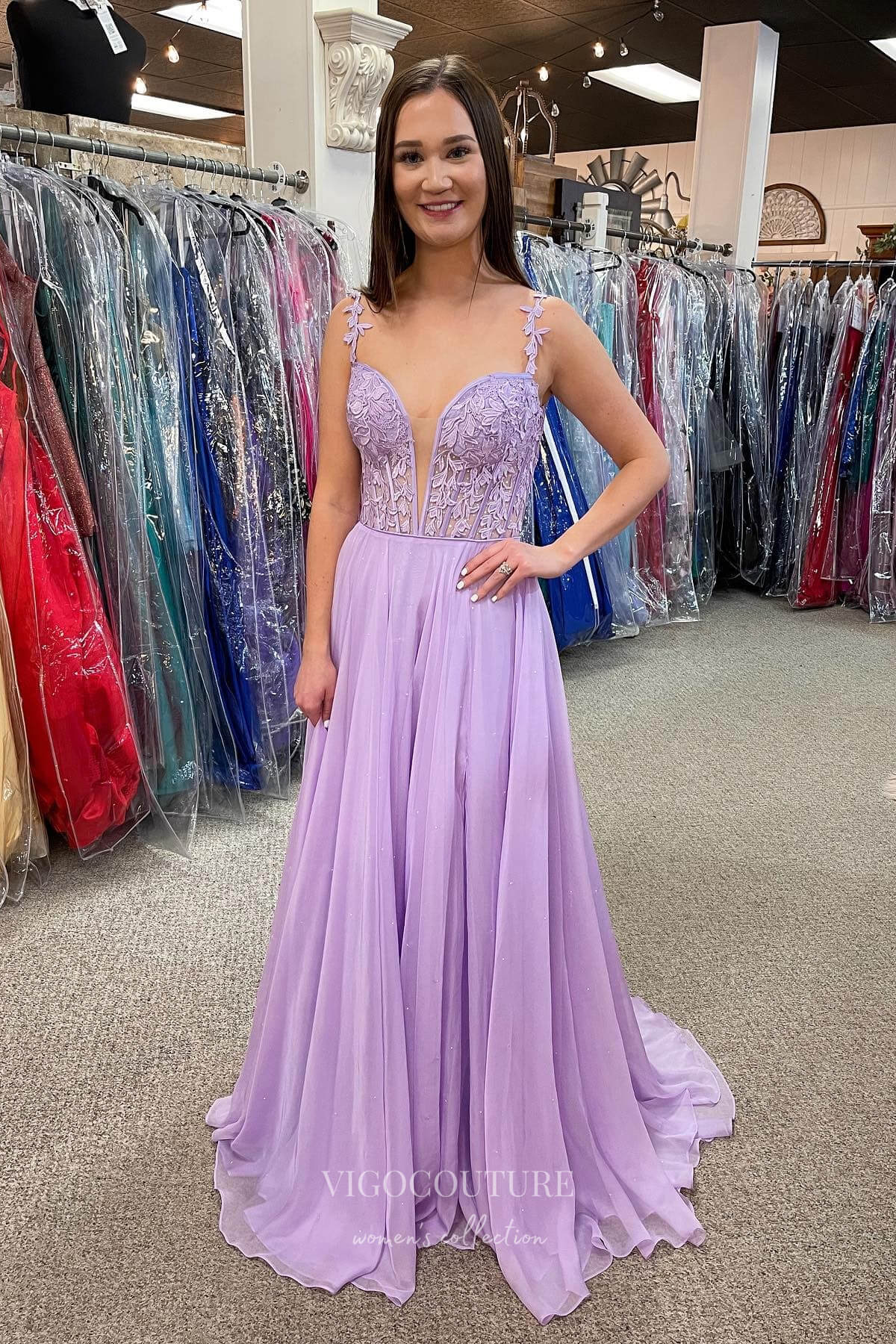 Prom Dress 2025 Lavender Lace Applique Plunging V-Neck Prom Dresses Spaghetti Strap Chiffon Evening Dress 22171-unique elegant Prom Dresses-Lavender-US2-vigocouture