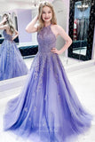 Lavender Lace Applique  Prom Dresses Halter Neck A-Line Evening Dress 21719