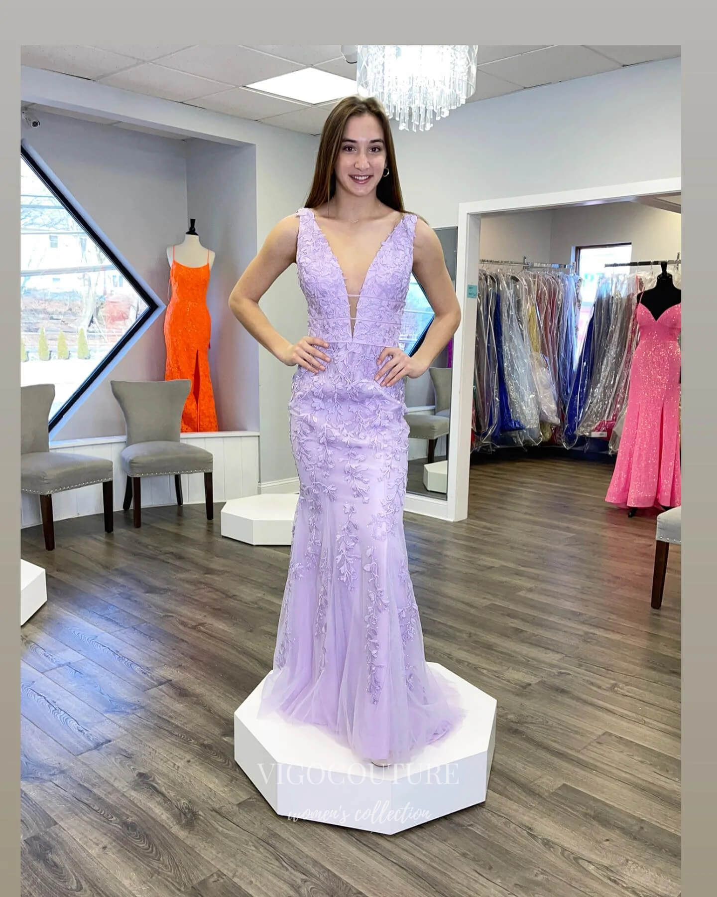 Prom Dress 2025 Lavender Lace Applique Prom Dresses Mermaid Plunging V-Neck Evening Dress 21872-unique elegant Prom Dresses-Lavender-US2-vigocouture