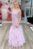 Lavender Lace Applique Prom Dresses Ruffled One Shoulder Evening Dress 21895