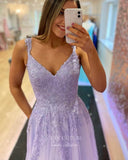 Prom Dress 2025 Lavender Lace Applique Prom Dresses Spaghetti Strap Formal Gown 21994-unique elegant Prom Dresses-Lavender-US2-vigocouture