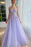 Prom Dress 2025 Lavender Lace Applique Prom Dresses Strapless Floral Formal Gown 24481-unique elegant Prom Dresses-Lavender-Custom Size-vigocouture