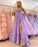 Prom Dress 2025 Lavender Lace Applique Prom Dresses with Slit Spaghetti Strap 24195-unique elegant Prom Dresses-Lavender-Custom Size-vigocouture