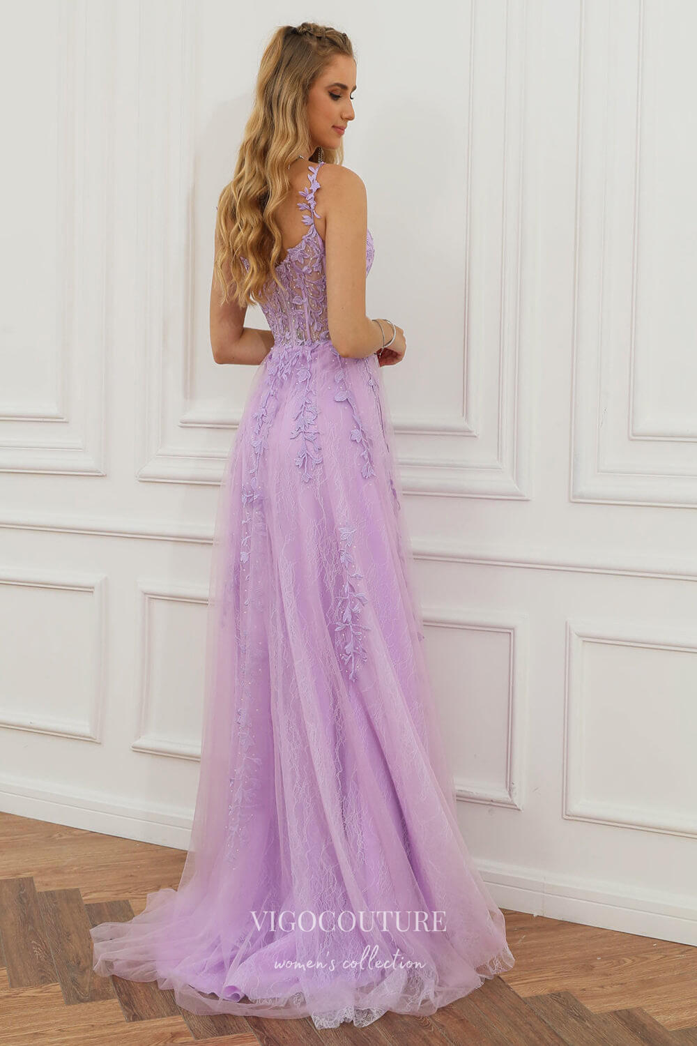 Prom Dress 2025 Lavender Lace Applique Prom Dresses with Slit Spaghetti Strap Evening Dress 22041-unique elegant Prom Dresses-Lavender-Custom Size-vigocouture