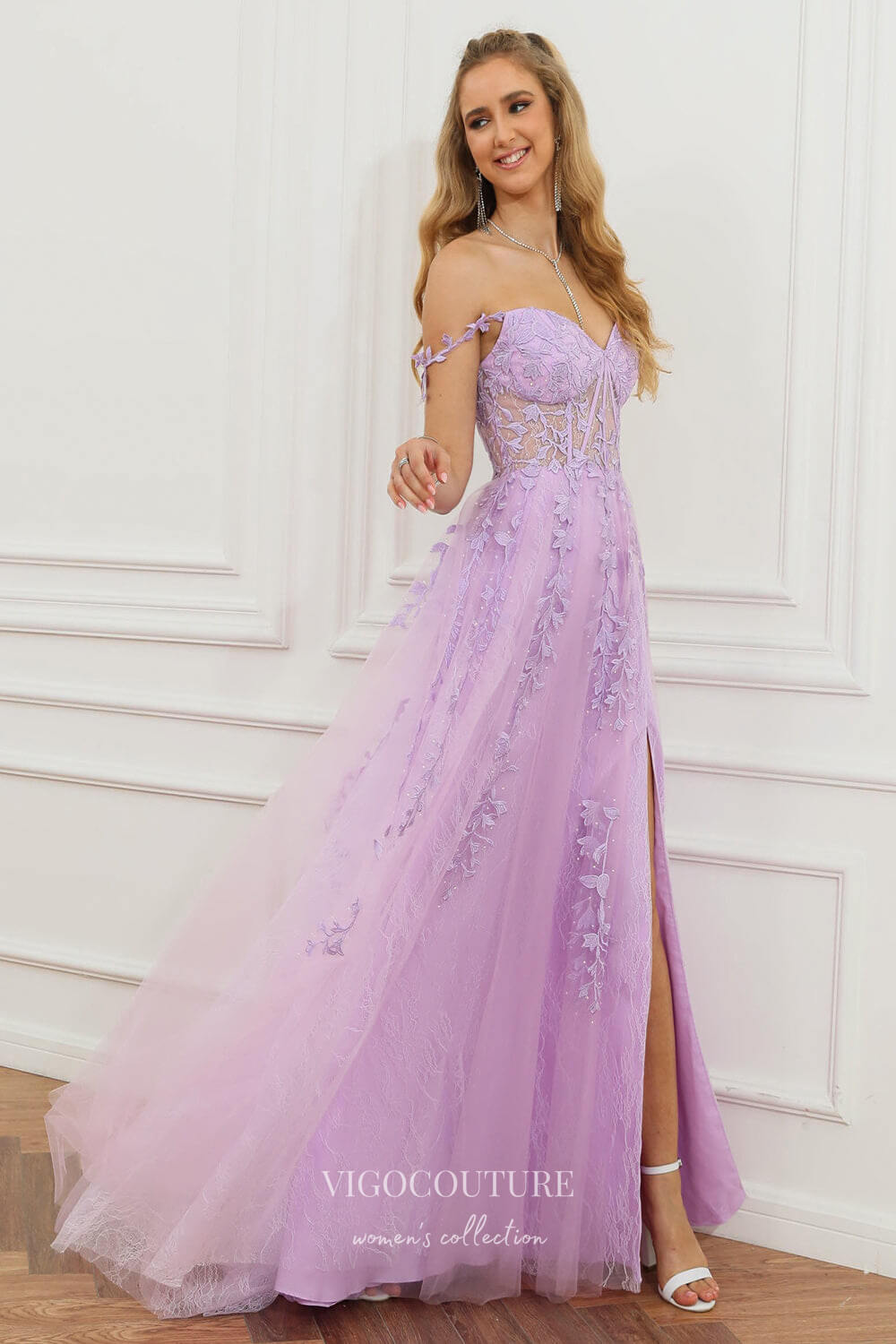 Prom Dress 2025 Lavender Lace Applique Prom Dresses with Slit Spaghetti Strap Evening Dress 22041-unique elegant Prom Dresses-Lavender-Custom Size-vigocouture