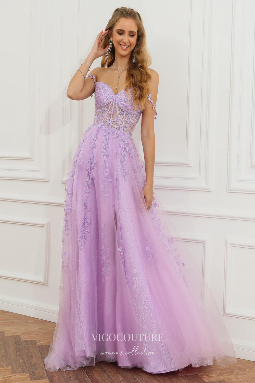 Lavender Lace Applique Prom Dresses with Slit Spaghetti Strap Evening Dress 22041 Custom Colors / 24W Lavender Lace Applique Prom Dresses with Slit Spaghetti Strap Evening Dress 22041 Custom Colors / 24W