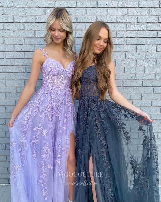 Prom Dress 2025 Lavender Lace Applique Prom Dresses with Slit Spaghetti Strap Formal Gown 21879-unique elegant Prom Dresses-Lavender-US2-vigocouture