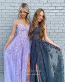 Lavender Lace Applique Prom Dresses with Slit Spaghetti Strap Formal Gown 21879