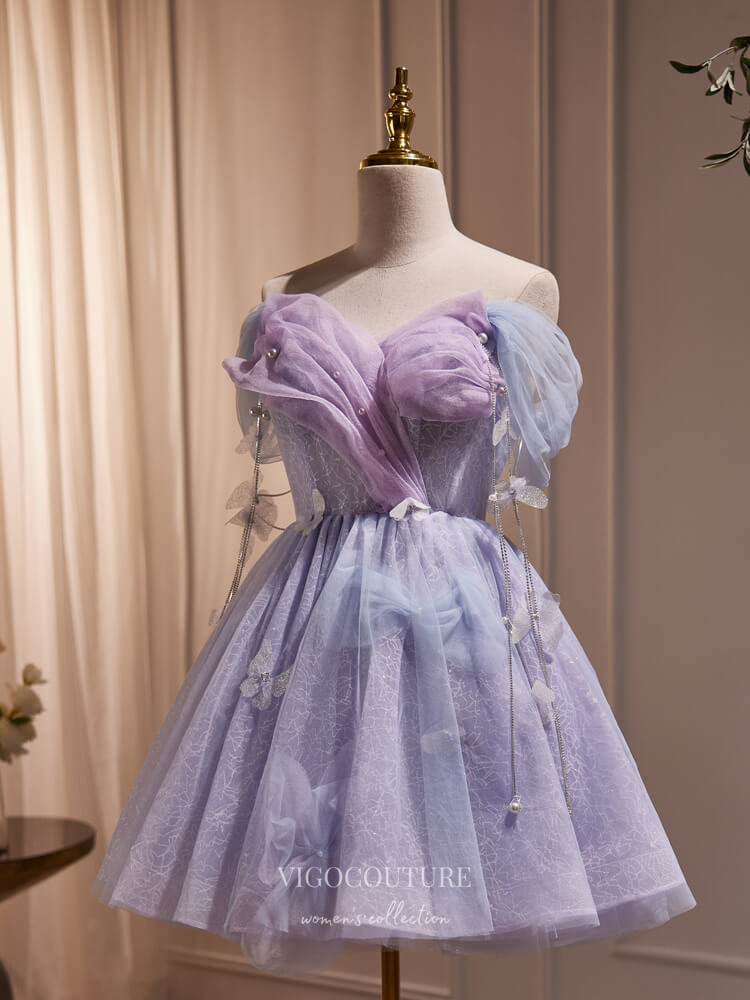 Lavender Lace Hoco Dresses Off the Shoulder Graduation Dress with Butterfly hc248