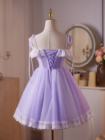 Prom Dresses 2025 to impress Lavender Lace Mini Homecoming Dress with Beaded Floral Bodice, Ruffled Sweetheart Neckline & Lace Hem – 26004-vigocouture-vigocouture