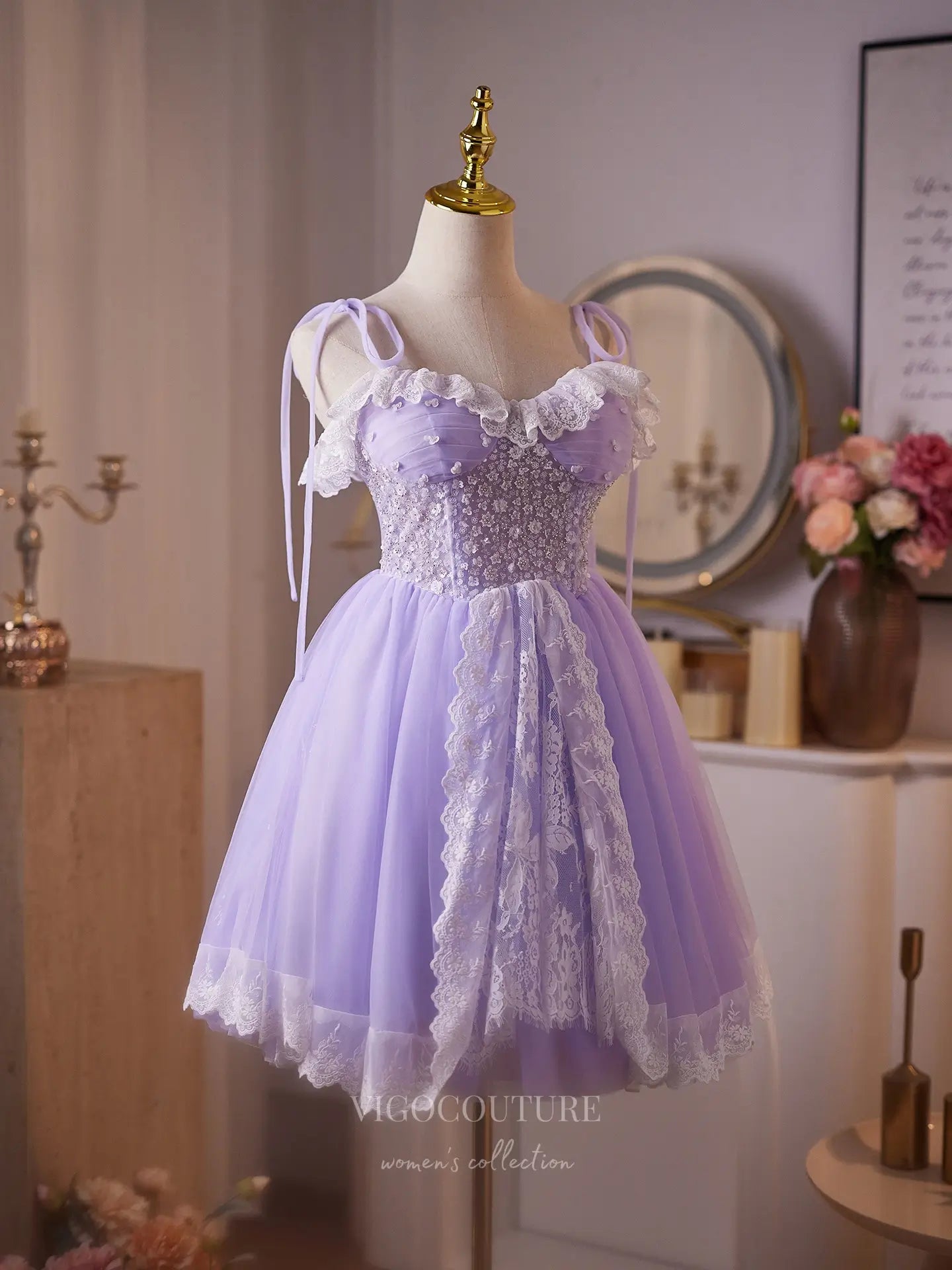 Prom Dresses 2025 to impress Lavender Lace Mini Homecoming Dress with Beaded Floral Bodice, Ruffled Sweetheart Neckline & Lace Hem – 26004-vigocouture-vigocouture