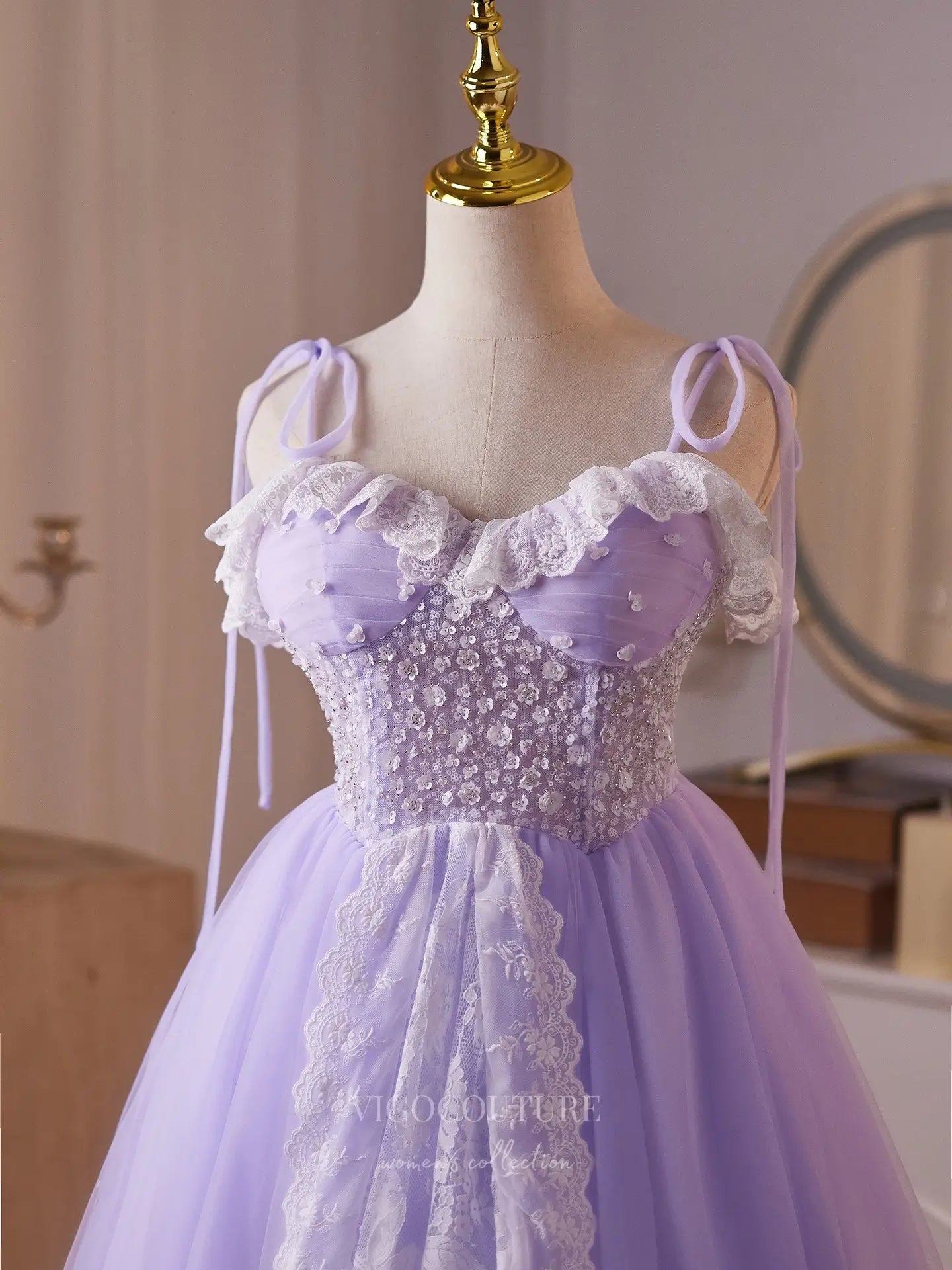 Prom Dresses 2025 to impress Lavender Lace Mini Homecoming Dress with Beaded Floral Bodice, Ruffled Sweetheart Neckline & Lace Hem – 26004-vigocouture-vigocouture