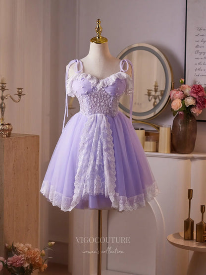 Lavender Lace Mini Homecoming Dress with Beaded Floral Bodice, Ruffled Sweetheart Neckline & Lace Hem – 26004