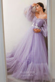 Lavender Long Puffed Sleeve Prom Dresses Pleated A-Line Evening Dress 21686