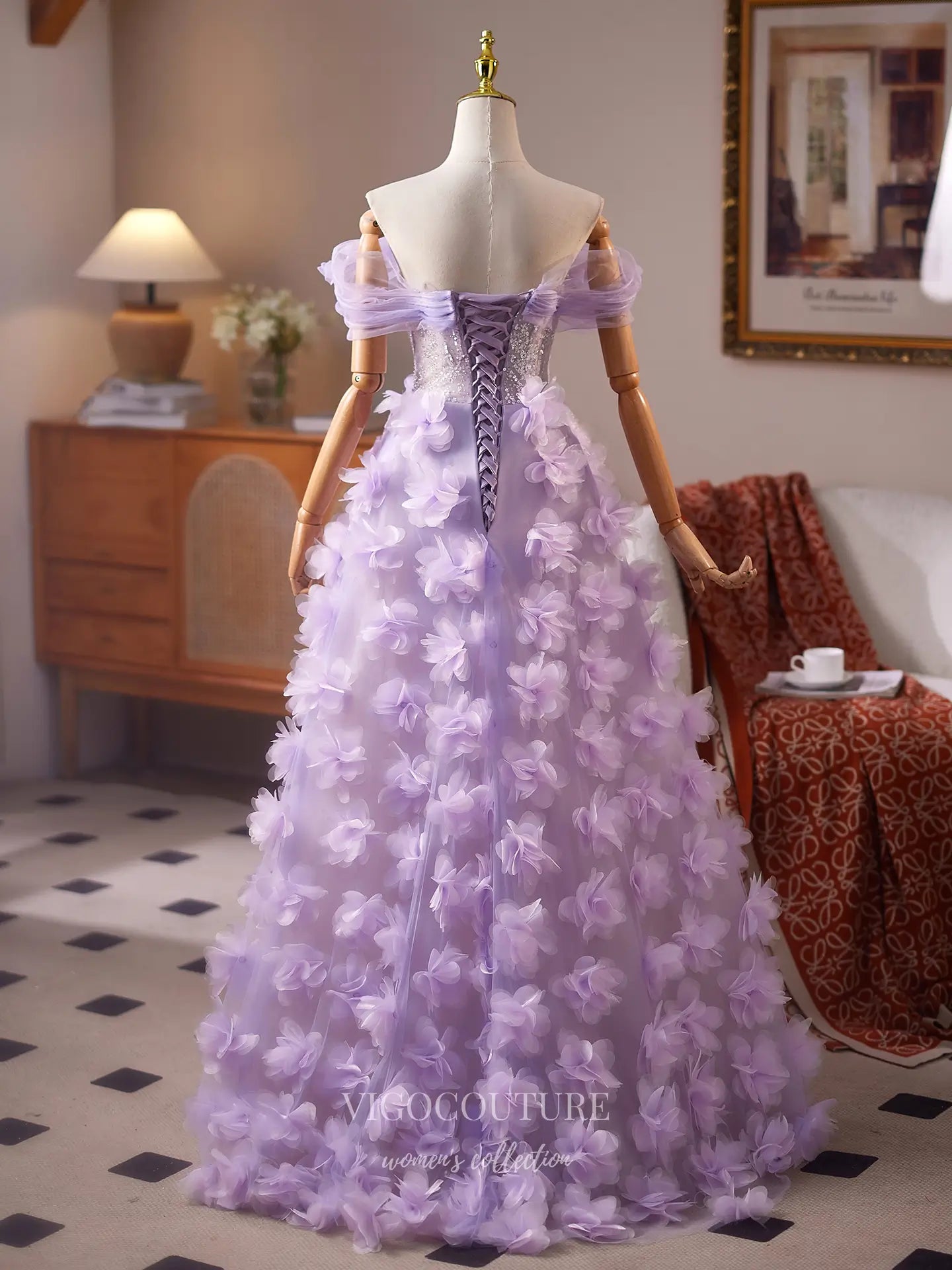 Prom Dresses 2025 to impress Lavender Off-Shoulder Ball Gown with Sequin Corset Bodice & 3D Floral Tulle Skirt – 25500-vigocouture-vigocouture