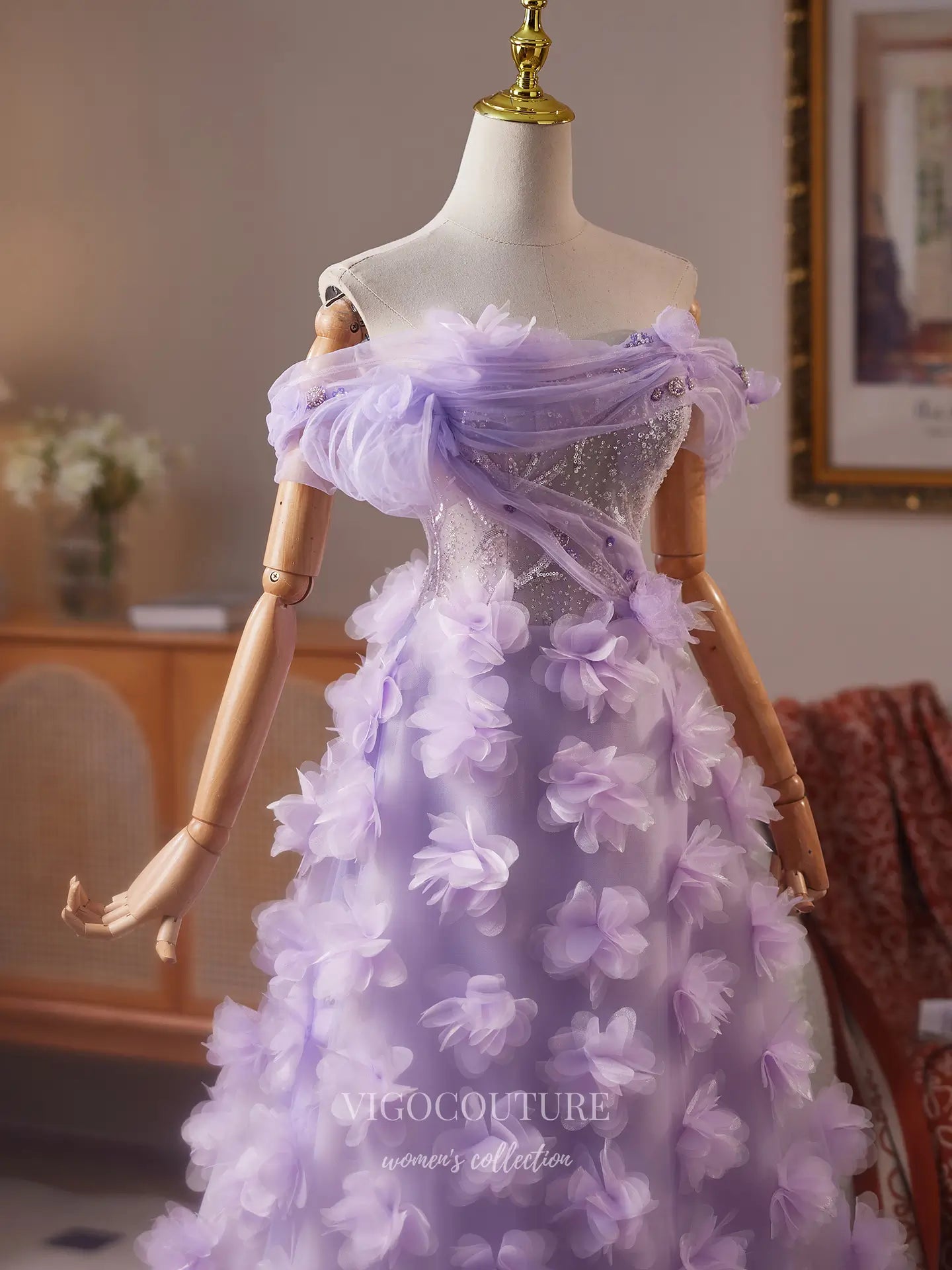 Prom Dresses 2025 to impress Lavender Off-Shoulder Ball Gown with Sequin Corset Bodice & 3D Floral Tulle Skirt – 25500-vigocouture-vigocouture