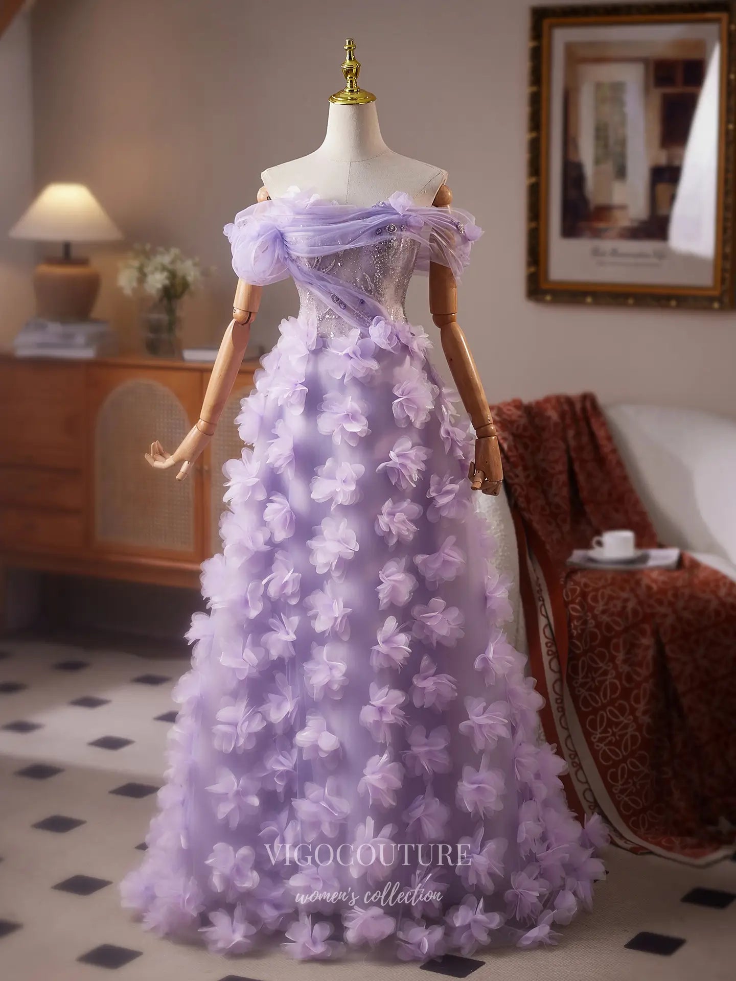 Lavender Off-Shoulder Ball Gown with Sequin Corset Bodice & 3D Floral Tulle Skirt – 25500