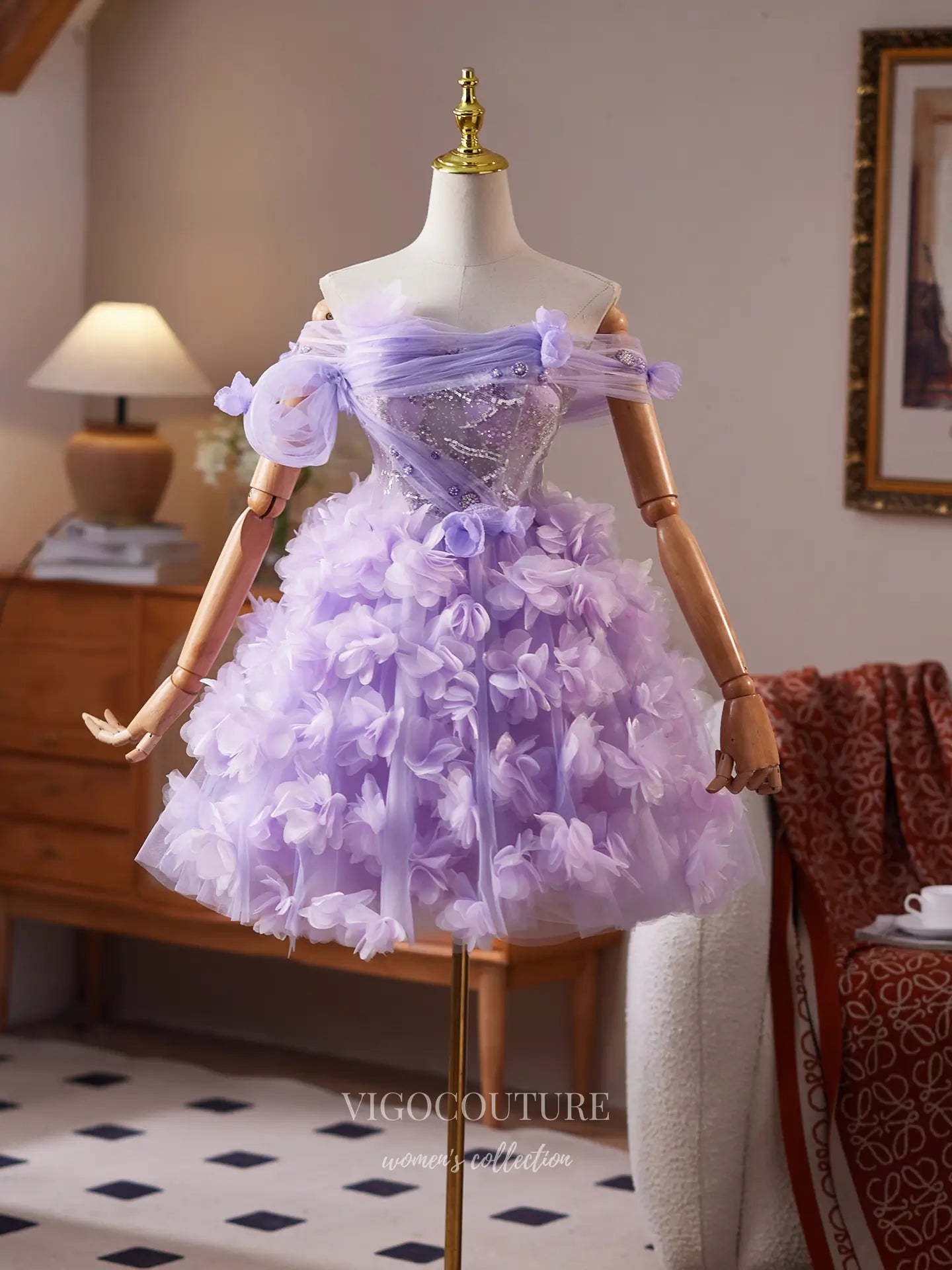 Prom Dresses 2025 to impress Lavender Off-Shoulder Homecoming Dress with Sparkly Sequin Corset & 3D Floral Tulle Skirt – HC483-vigocouture-vigocouture