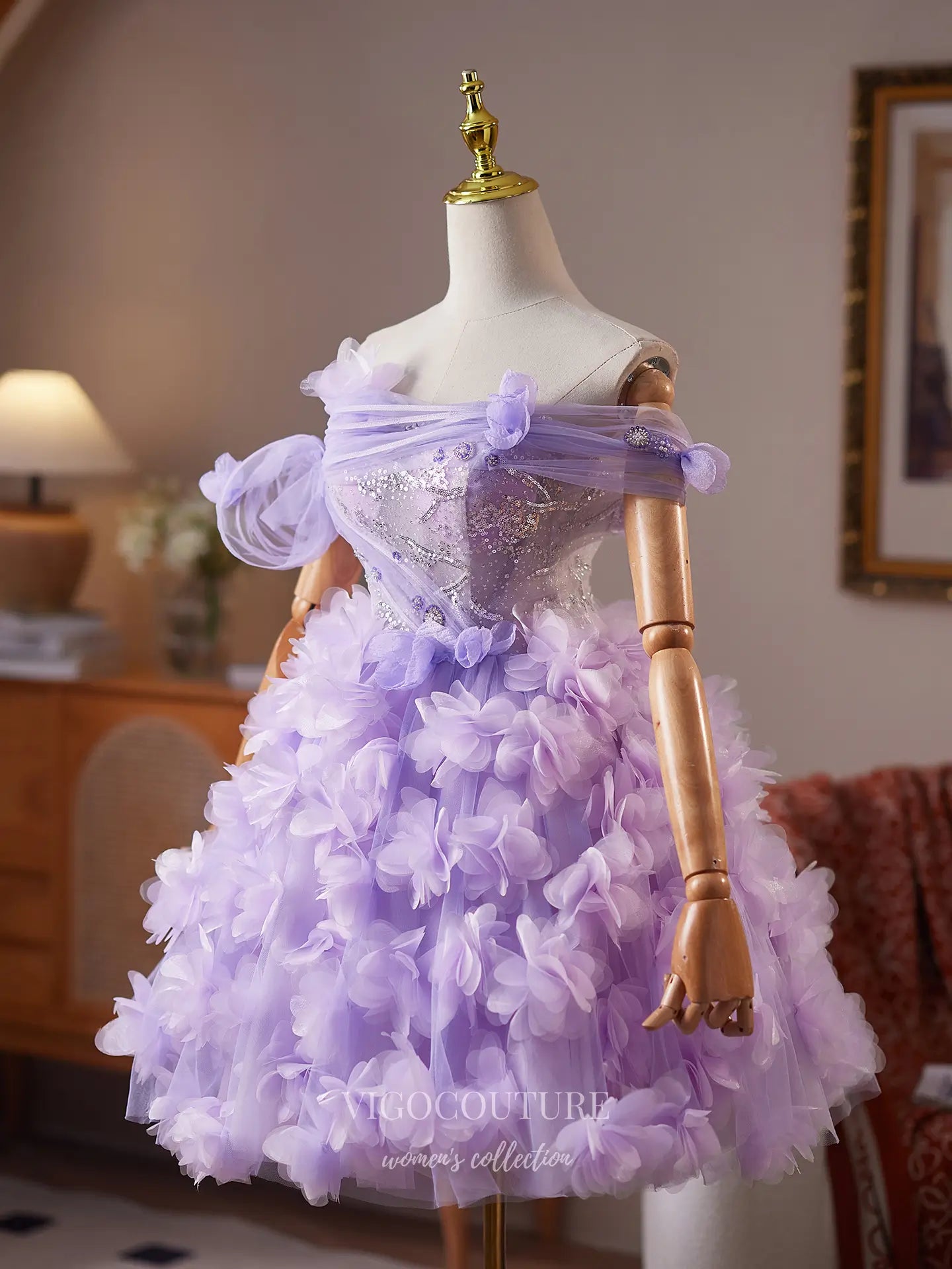 Prom Dresses 2025 to impress Lavender Off-Shoulder Homecoming Dress with Sparkly Sequin Corset & 3D Floral Tulle Skirt – HC483-vigocouture-vigocouture