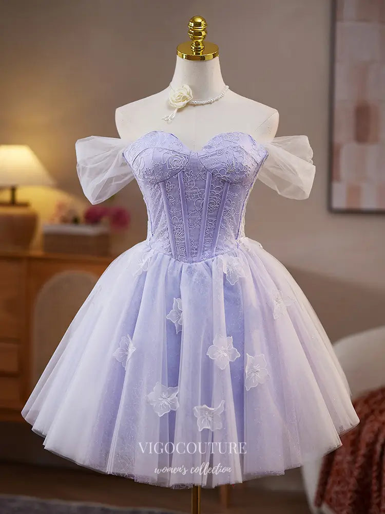 Prom Dresses 2025 to impress Lavender Off-Shoulder Lace Homecoming Dress with Appliqué Tulle Skirt – hc480-vigocouture-Lavender-Custom Size-vigocouture