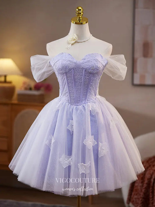 Prom Dresses 2025 to impress Lavender Off-Shoulder Lace Homecoming Dress with Appliqué Tulle Skirt – hc480-vigocouture-Lavender-Custom Size-vigocouture