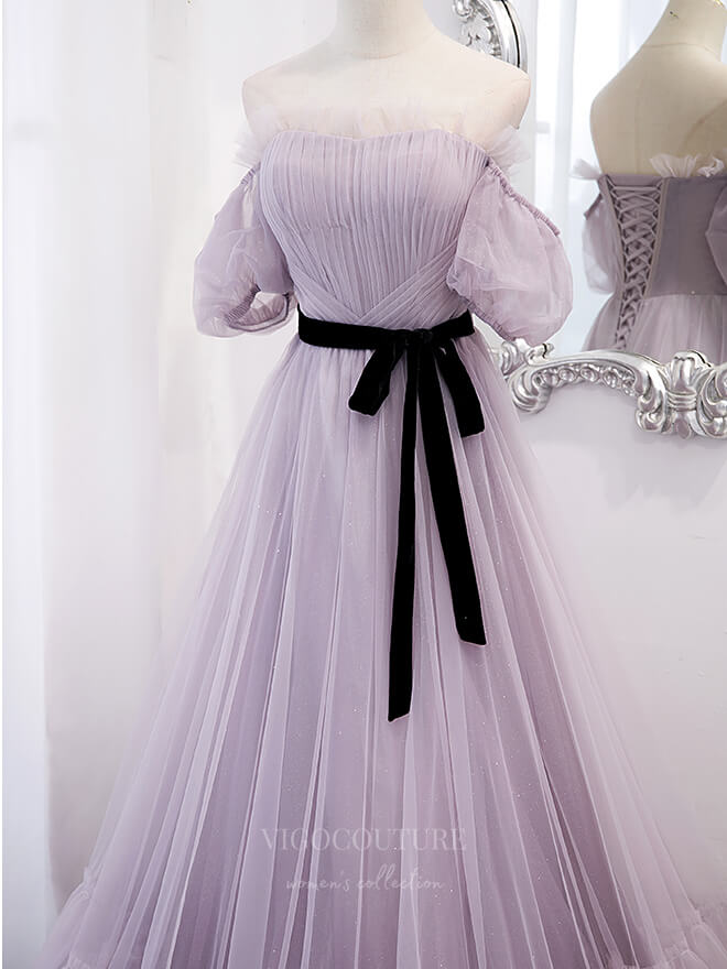 Prom Dress 2025 Lavender Off the Shoulder Tulle Puffed Sleeve Prom Dress 20900-unique elegant Prom Dresses-Lavender-Custom Size-vigocouture